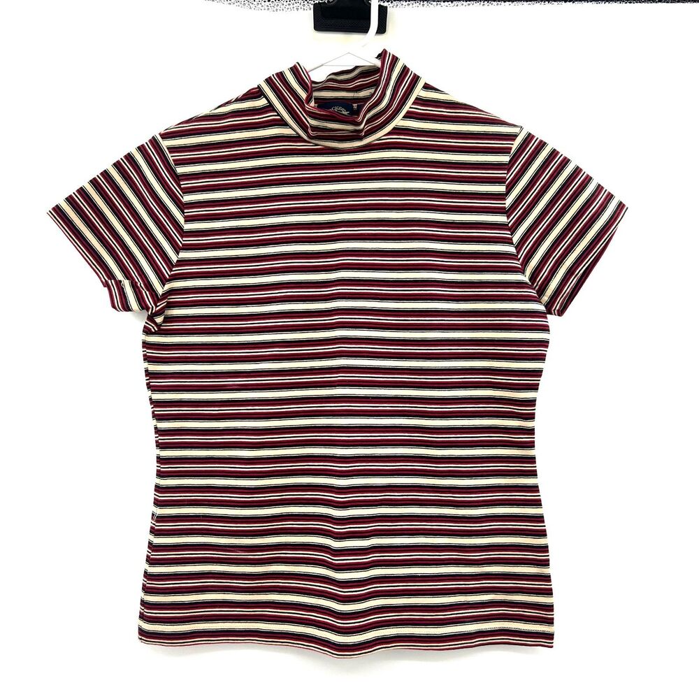 Vintage Dockers Striped Mock Neck Top Womens S Short Sleeve Red Black Cream